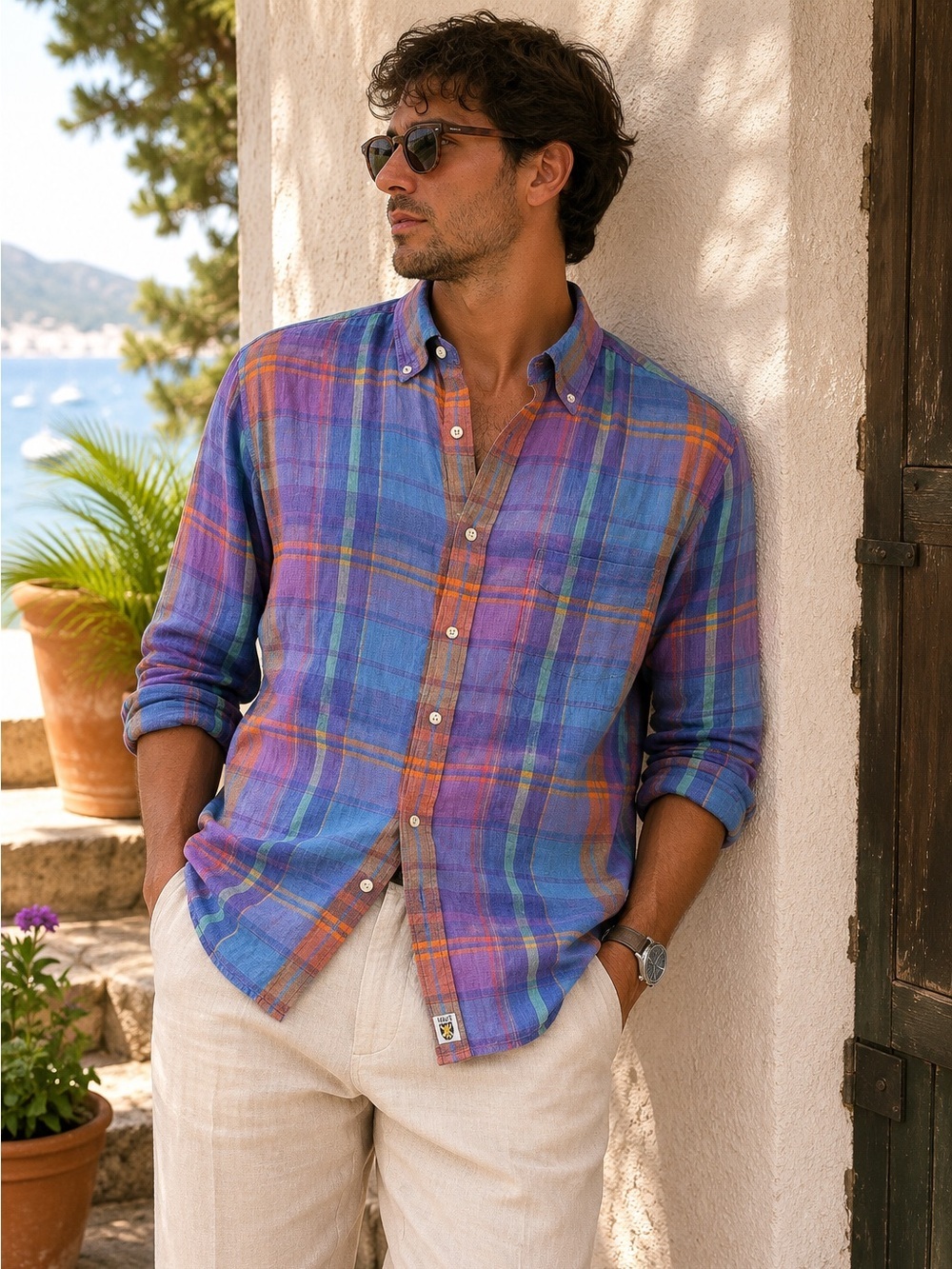 100% Linen Plaid Button Down Shirt Blue Purple Orange Men Medium Resort Coastal